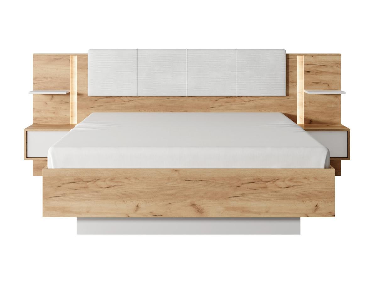 Vente-unique Letto con comodini Con LED 160 x 200 cm Naturale e Bianco + Rete - ELYNIA  