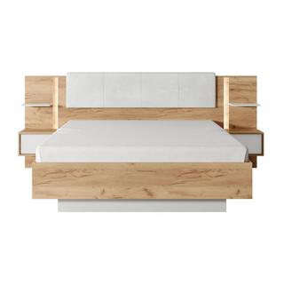 Vente-unique Bett mit Nachttischen + Lattenrost - 160 x 200 cm - Mit LED-Beleuchtung - Holzfarben & Weiß - ELYNIA  