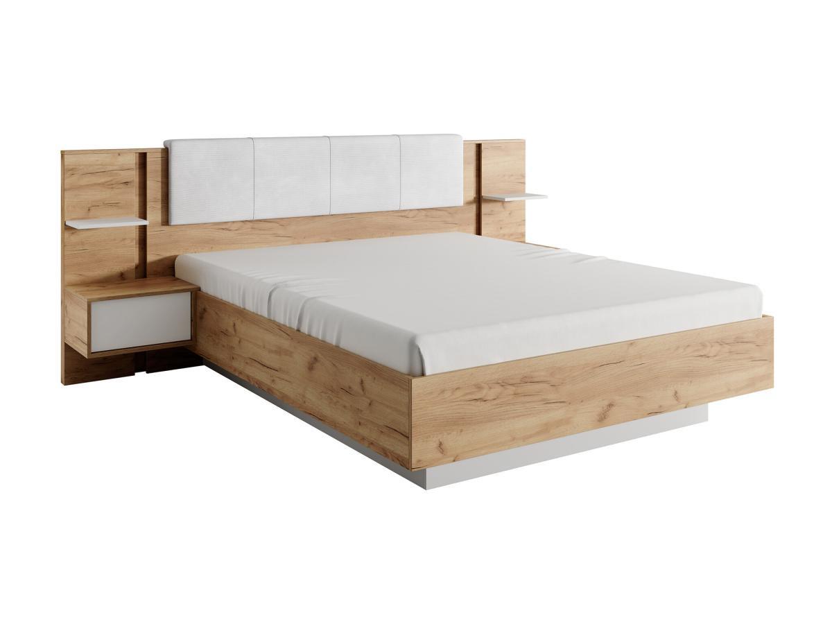 Vente-unique Bett mit Nachttischen + Lattenrost - 160 x 200 cm - Mit LED-Beleuchtung - Holzfarben & Weiß - ELYNIA  
