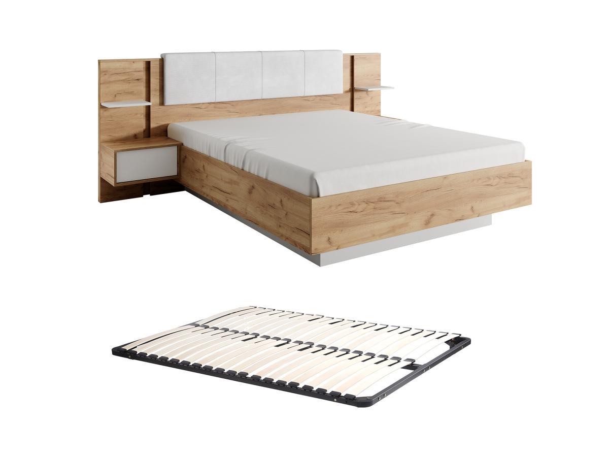 Vente-unique Letto con comodini Con LED 160 x 200 cm Naturale e Bianco + Rete - ELYNIA  