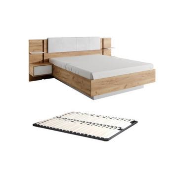 Letto con comodini Con LED 160 x 200 cm Naturale e Bianco + Rete - ELYNIA