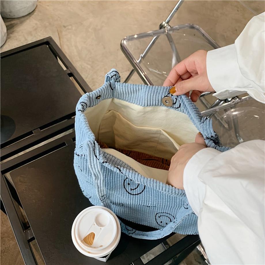 Only-bags.store Borsa Tote Retro in Velluto a Coste Stampa Faccina Sorridente  