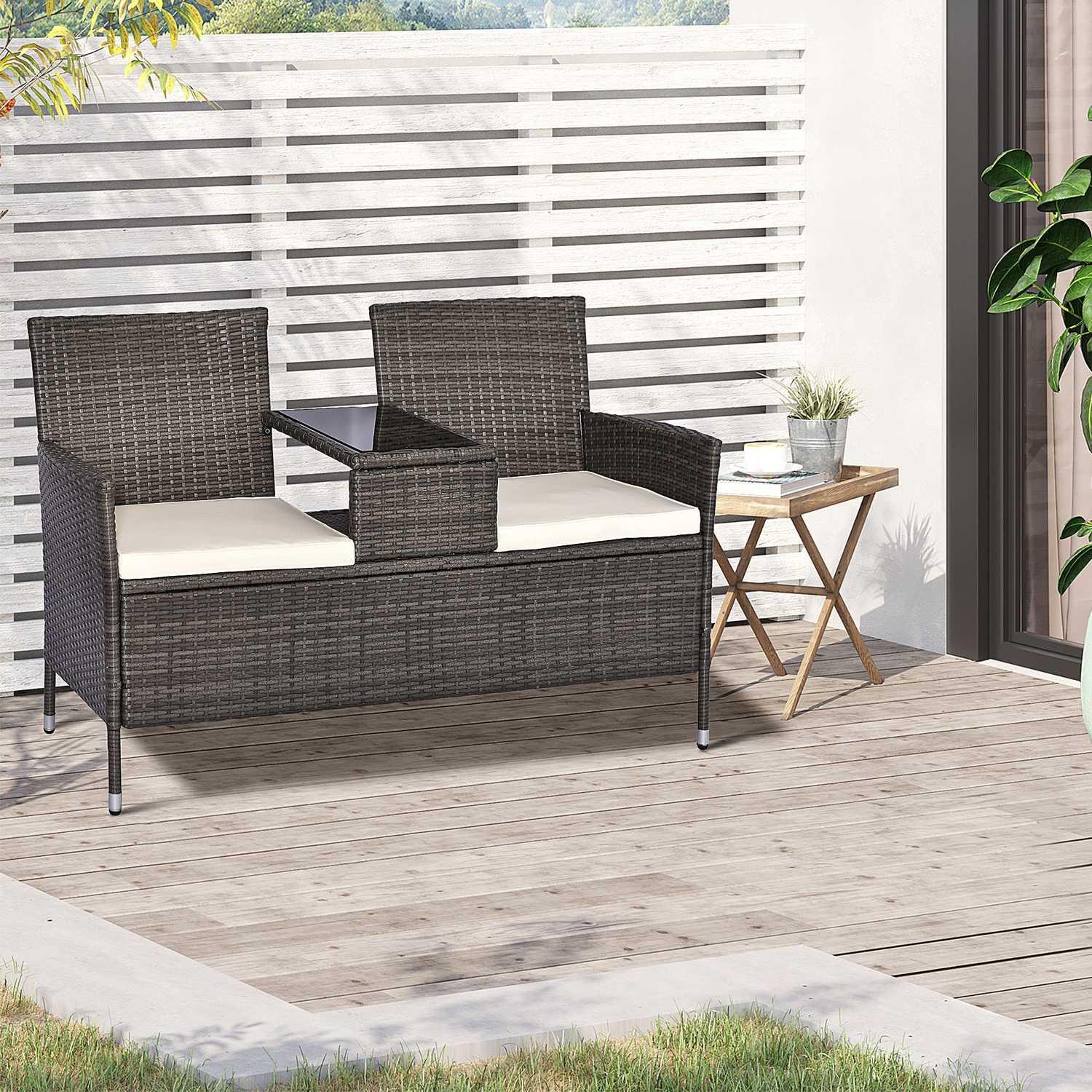 Outsunny Panca Da Giardino In Polyrattan, Panca A 2 Posti Con Tavolo Integrato, Struttura In Acciaio, Grigio, L133 X P63 X A84 Cm  