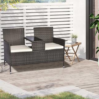 Northio Gartenbank Aus Polyrattan 2-Sitzer Sitzbank Mit Integriertem Tisch, Stahlgestell, Grau, B133 X T63 X H84Cm  