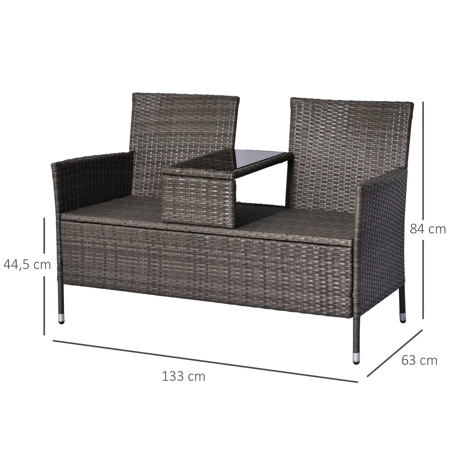 Northio Gartenbank Aus Polyrattan 2-Sitzer Sitzbank Mit Integriertem Tisch, Stahlgestell, Grau, B133 X T63 X H84Cm  