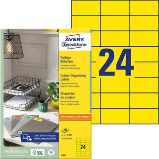 Avery-Zweckform Avery Zweckform Farbige Etiketten, A4, 70 x 37 mm, 100 Bogen/2.40 Etiketten  