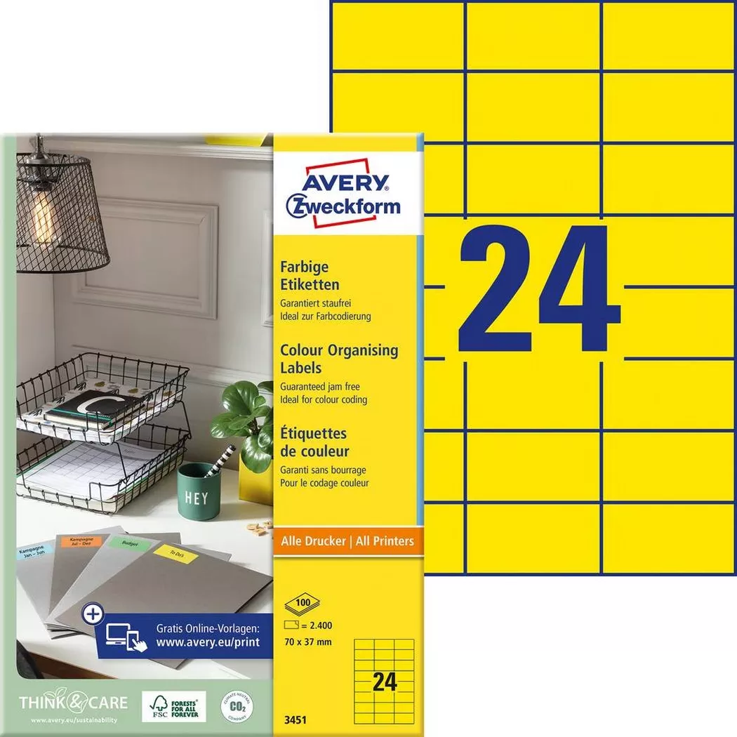 Avery-Zweckform – AVERY ZWECKFORM Etiketten 70x37mm, 100Bl./24St., One Size, Gelb Bunt