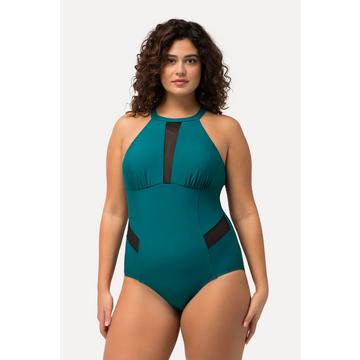 Maillot de bain, fermeture sur la nuque. Bonnets souples et empiècements en mesh.