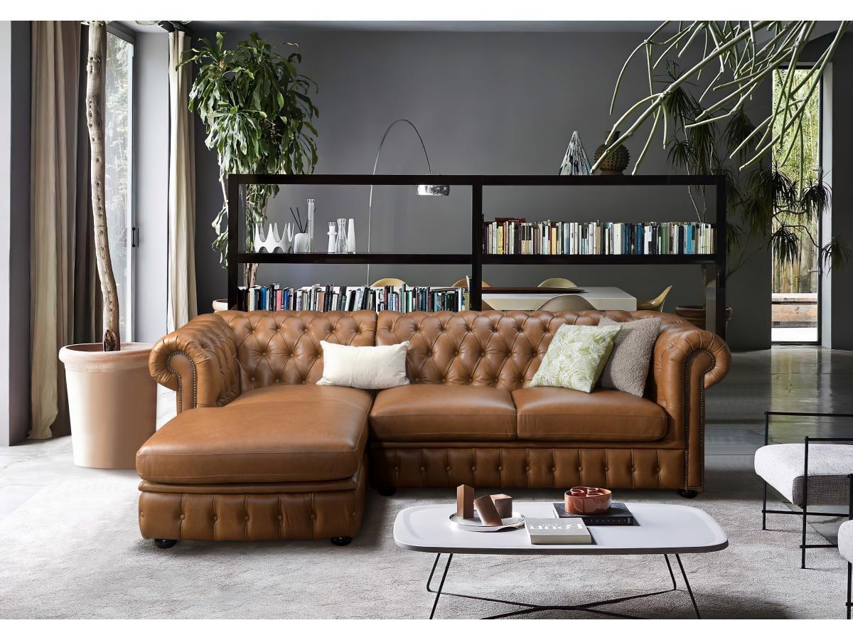 Vente-unique Chesterfield Ecksofa Büffelleder Ecke Links Karamell BRENTON  