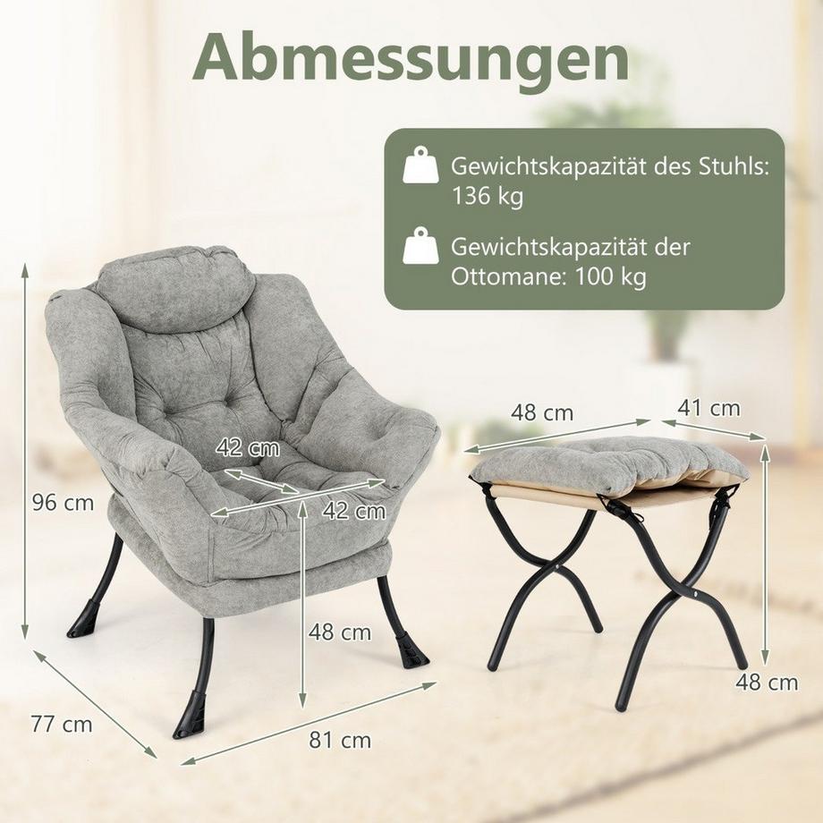 Northio Fauteuil avec tabouret & accoudoirs & poche latérale & repose-pieds double face chaise de relaxation  