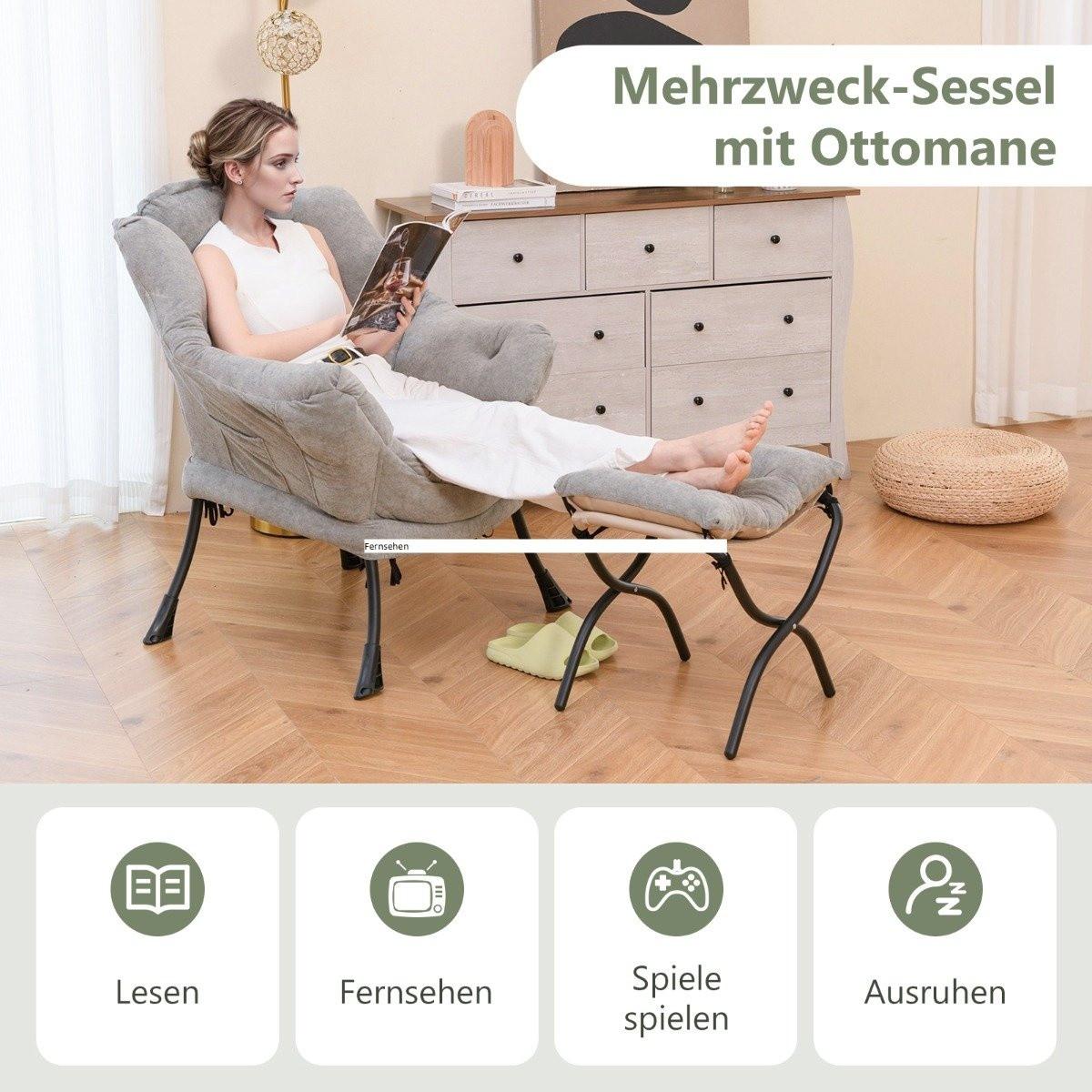 Northio Fauteuil avec tabouret & accoudoirs & poche latérale & repose-pieds double face chaise de relaxation  