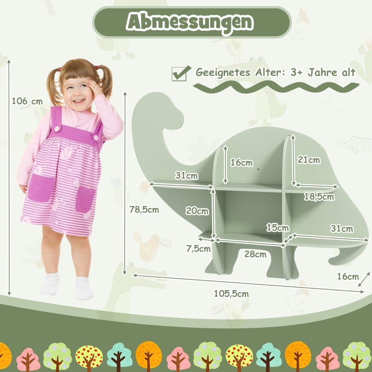 Northio Kinder Wand Bücherregal mit 2 Ablage & 6 Offene Fächern Holz Dinosaurier Kinderregal  