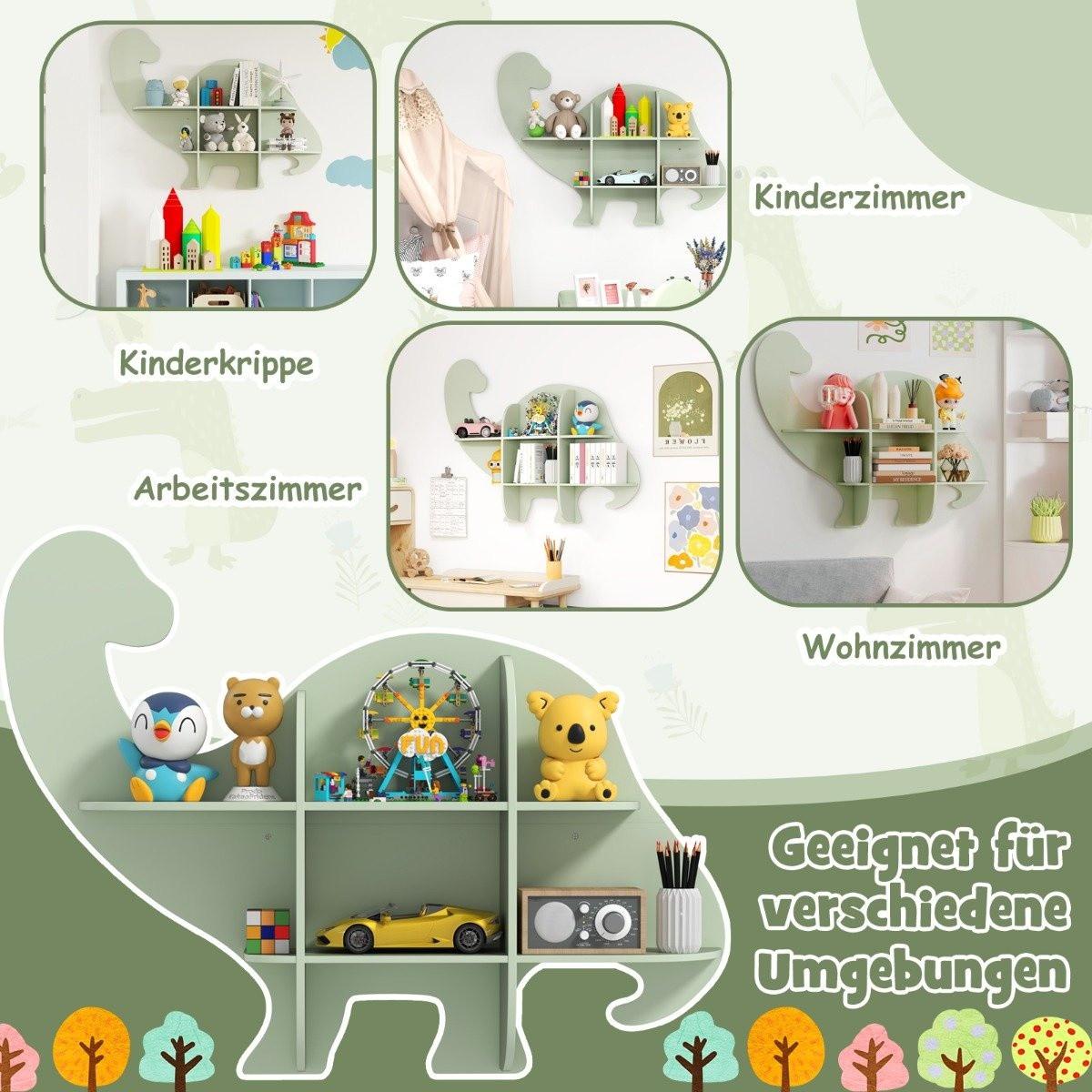 Northio Kinder Wand Bücherregal mit 2 Ablage & 6 Offene Fächern Holz Dinosaurier Kinderregal  