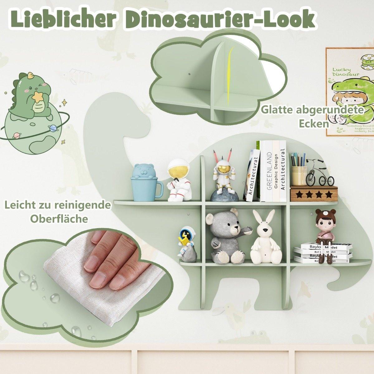 Northio Kinder Wand Bücherregal mit 2 Ablage & 6 Offene Fächern Holz Dinosaurier Kinderregal  