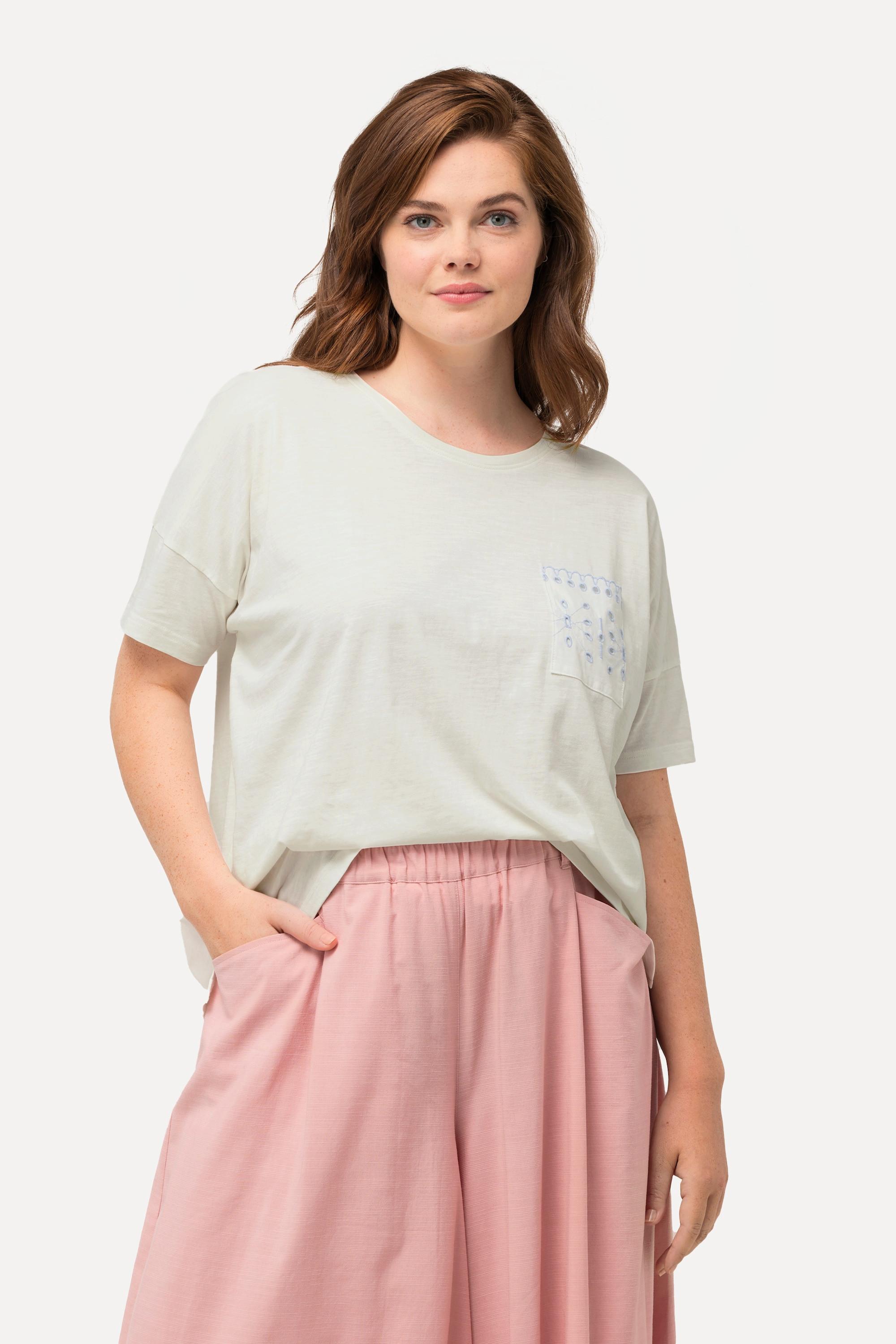 Ulla Popken  T-Shirt, Spitzentasche, Rundhals, Halbarm, Biobaumwolle 