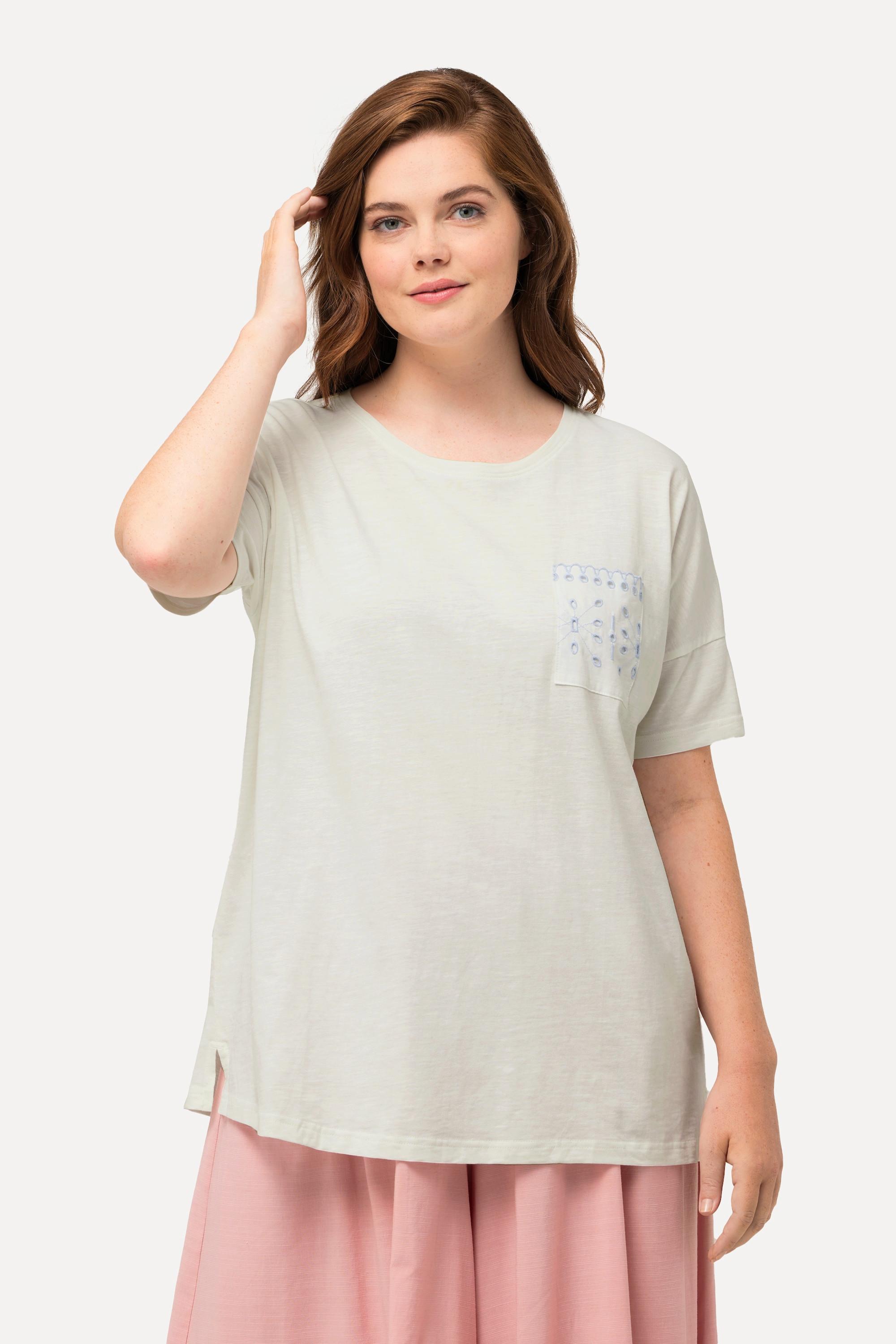 Ulla Popken  T-Shirt, poche en dentelle, col rond, manches courtes, coton bio 