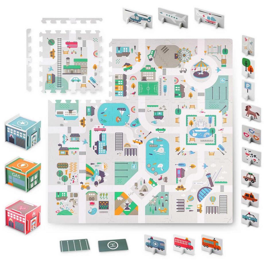 B2X  Schaumstoffmatte Puzzle 120x120 cm mit Schaumstofffiguren - Nukido Town 