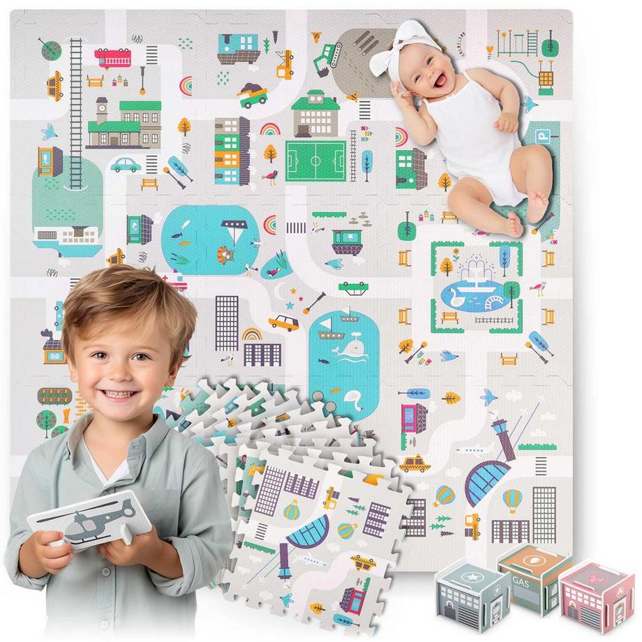 B2X  Schaumstoffmatte Puzzle 120x120 cm mit Schaumstofffiguren - Nukido Town 