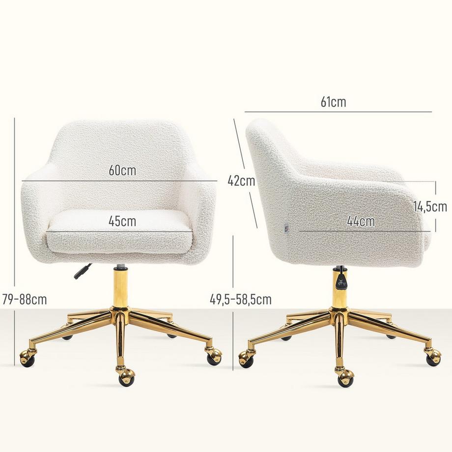 Northio Chaise de bureau, chaise de bureau réglable en hauteur, chaise de relaxation avec structure en acier, chaise pivotante aspect velours, pour bureau, étude, blanc crème  