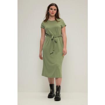 Robe midi en jersey, décolleté rond et manches courtes - coupe trapèze