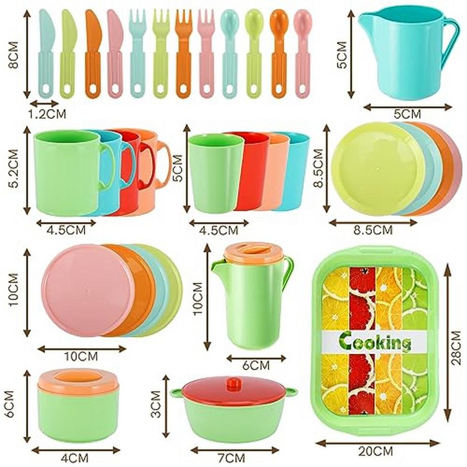 Activity-board  Ensemble de vaisselle pour enfants, service à thé, couverts, assiettes et tasses de cuisine pour enfants, ensemble de fête de thé, jouets de cuisine, cadeau pour les tout-petits de 3 ans et plus 
