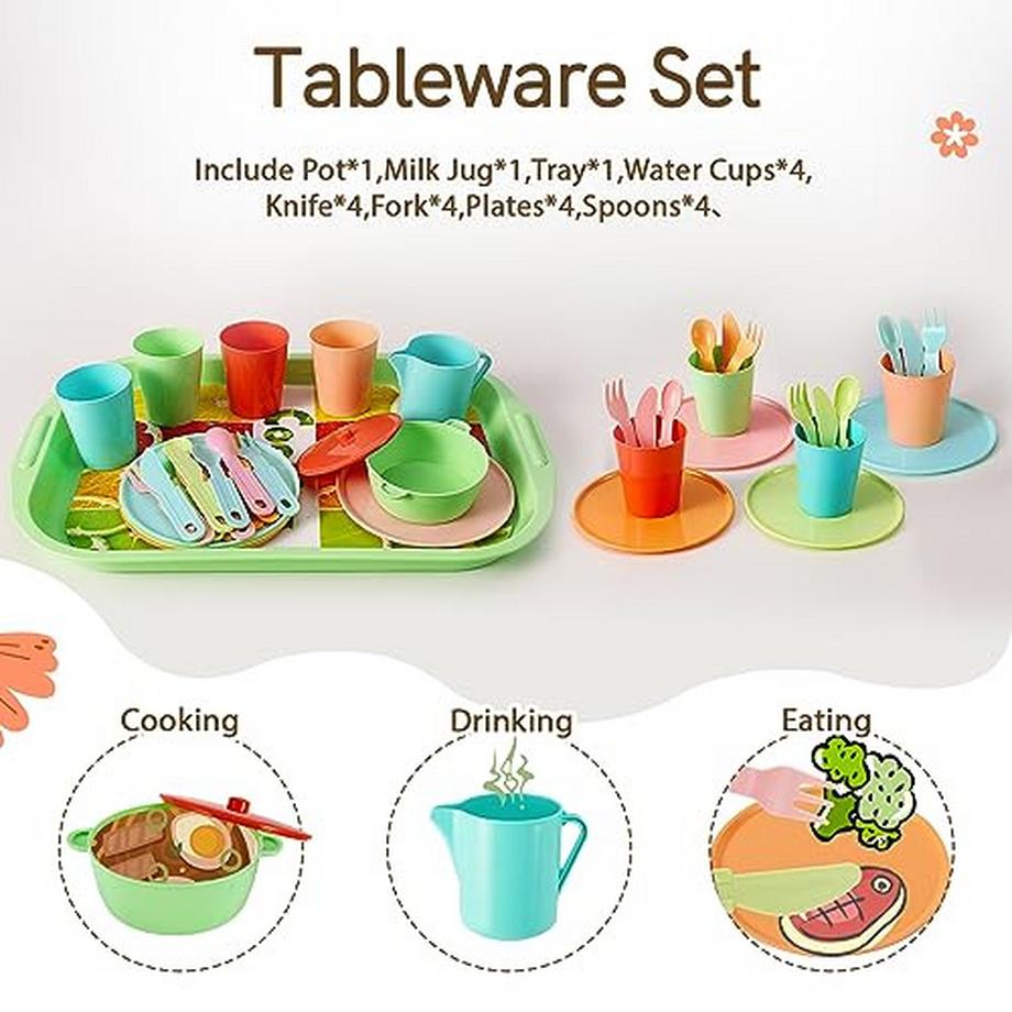 Activity-board  Ensemble de vaisselle pour enfants, service à thé, couverts, assiettes et tasses de cuisine pour enfants, ensemble de fête de thé, jouets de cuisine, cadeau pour les tout-petits de 3 ans et plus 