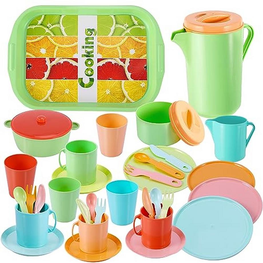 Activity-board  Ensemble de vaisselle pour enfants, service à thé, couverts, assiettes et tasses de cuisine pour enfants, ensemble de fête de thé, jouets de cuisine, cadeau pour les tout-petits de 3 ans et plus 