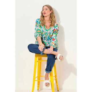 Ulla Popken  Blusa dal taglio svasato con fiori, scollo a V e maniche a 3/4 