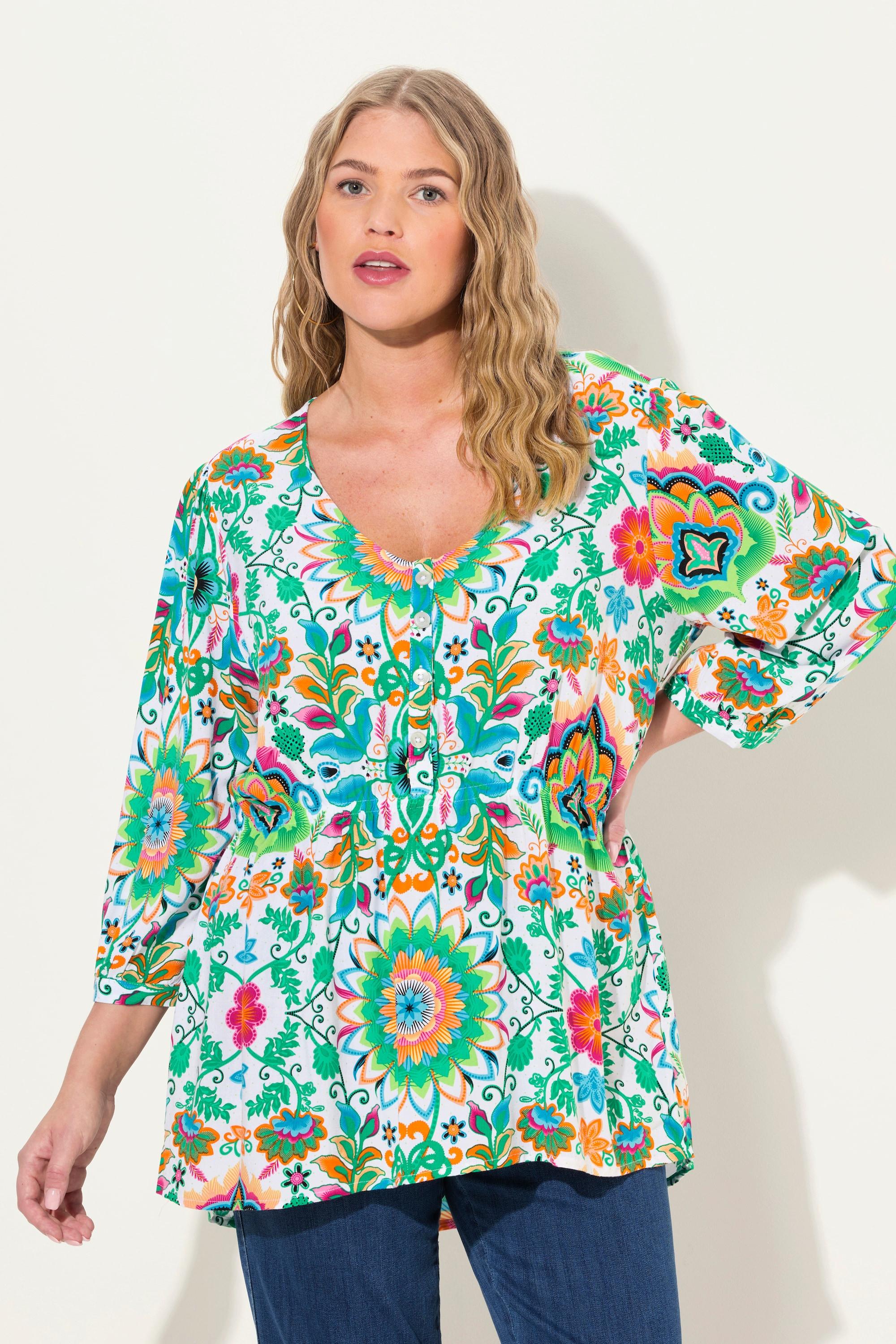 Ulla Popken  Bluse, Blüten, A-Linie, V-Ausschnitt, 3/4-Arm 