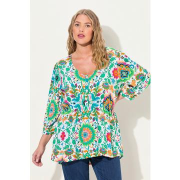 Bluse, Blüten, A-Linie, V-Ausschnitt, 3/4-Arm