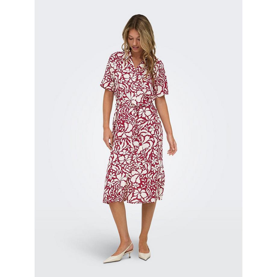 ONLY Bedrucktes langes Kleid mit kurzen Ärmeln und Gürtel  