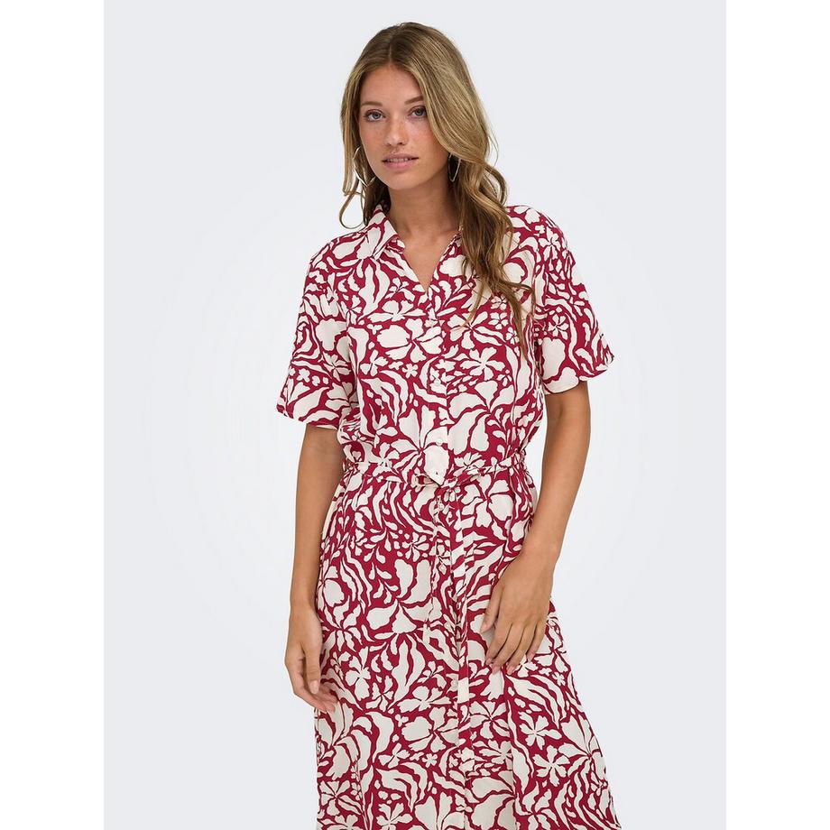 ONLY Bedrucktes langes Kleid mit kurzen Ärmeln und Gürtel  