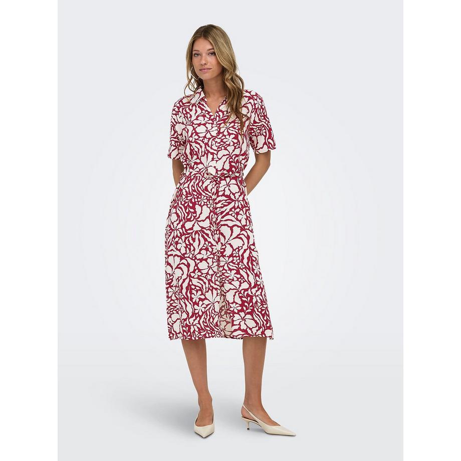 Bedrucktes langes Kleid mit kurzen Ärmeln und Gürtel