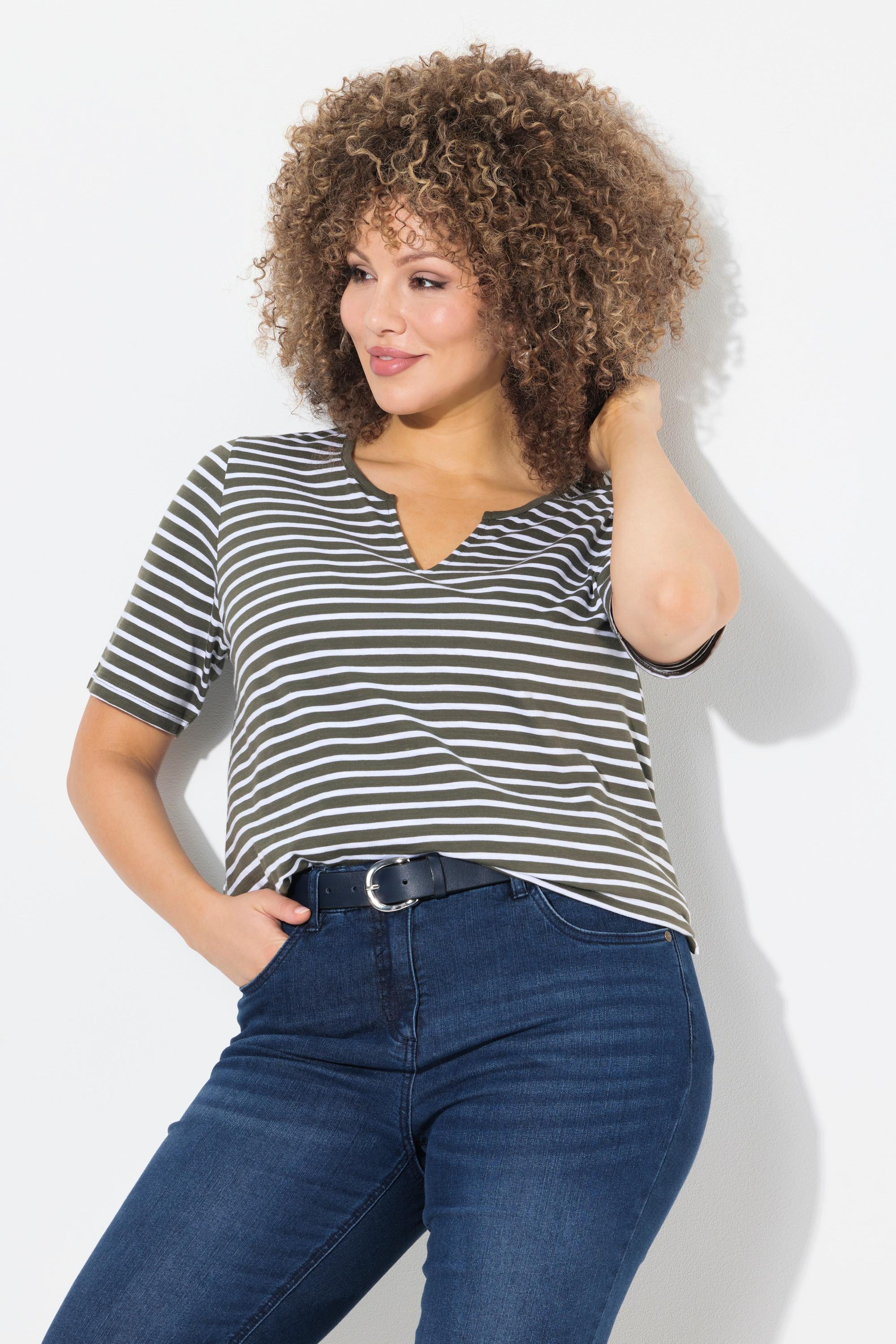 Ulla Popken T-shirt long rayé coupe évasée manches courtes  