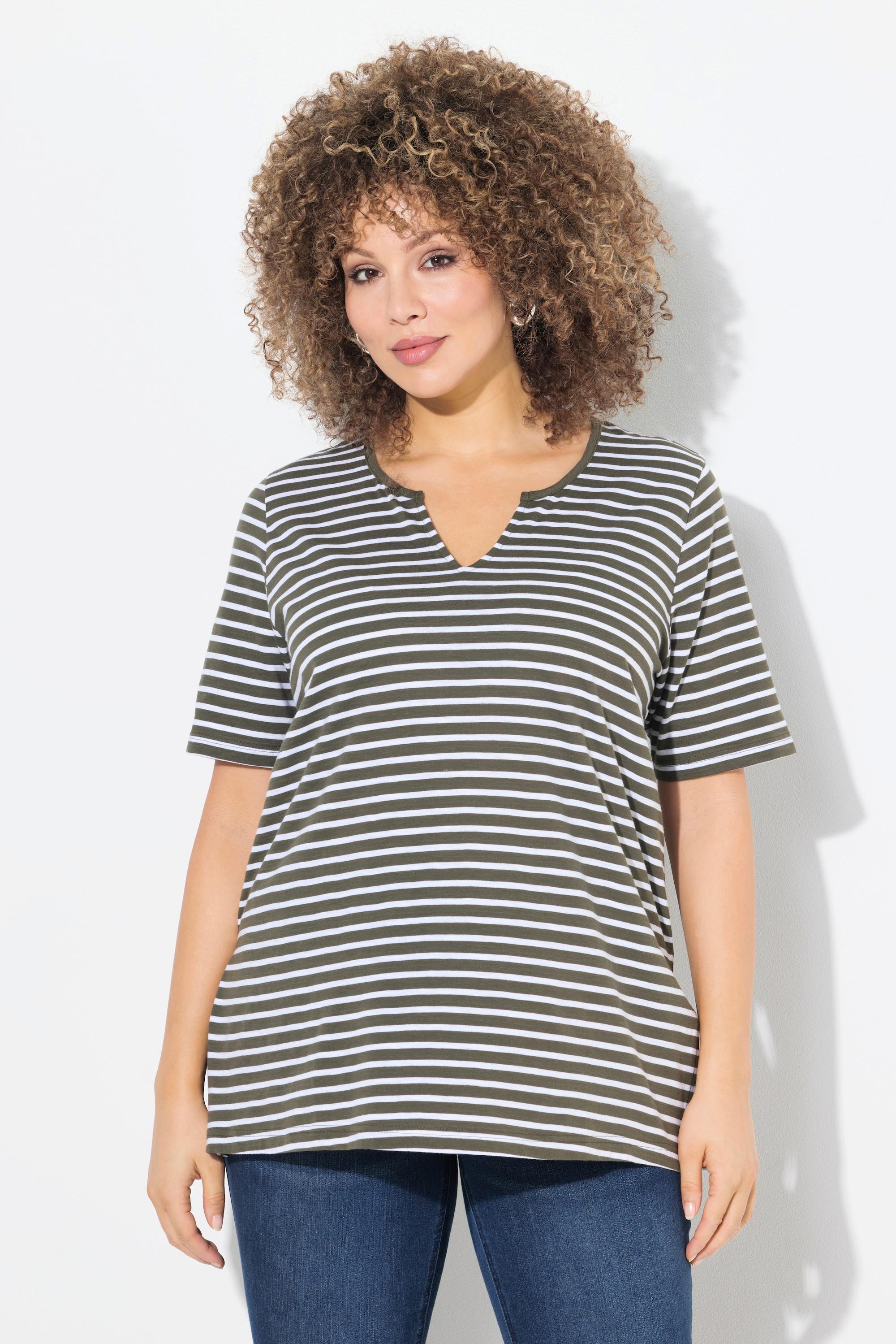 Ulla Popken T-shirt long rayé coupe évasée manches courtes  