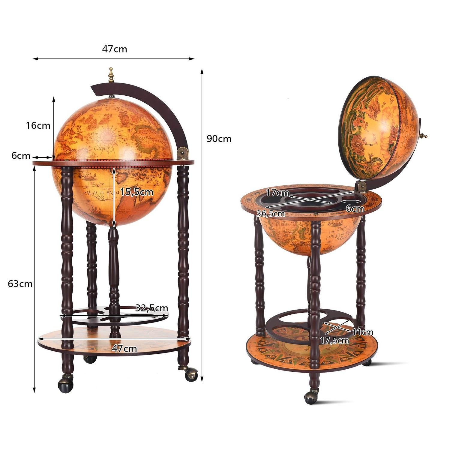 Northix Rollender Globus-Weinständer Globus Bar auf Rollen für Wein 47 x 47 x 90 cm Braun  
