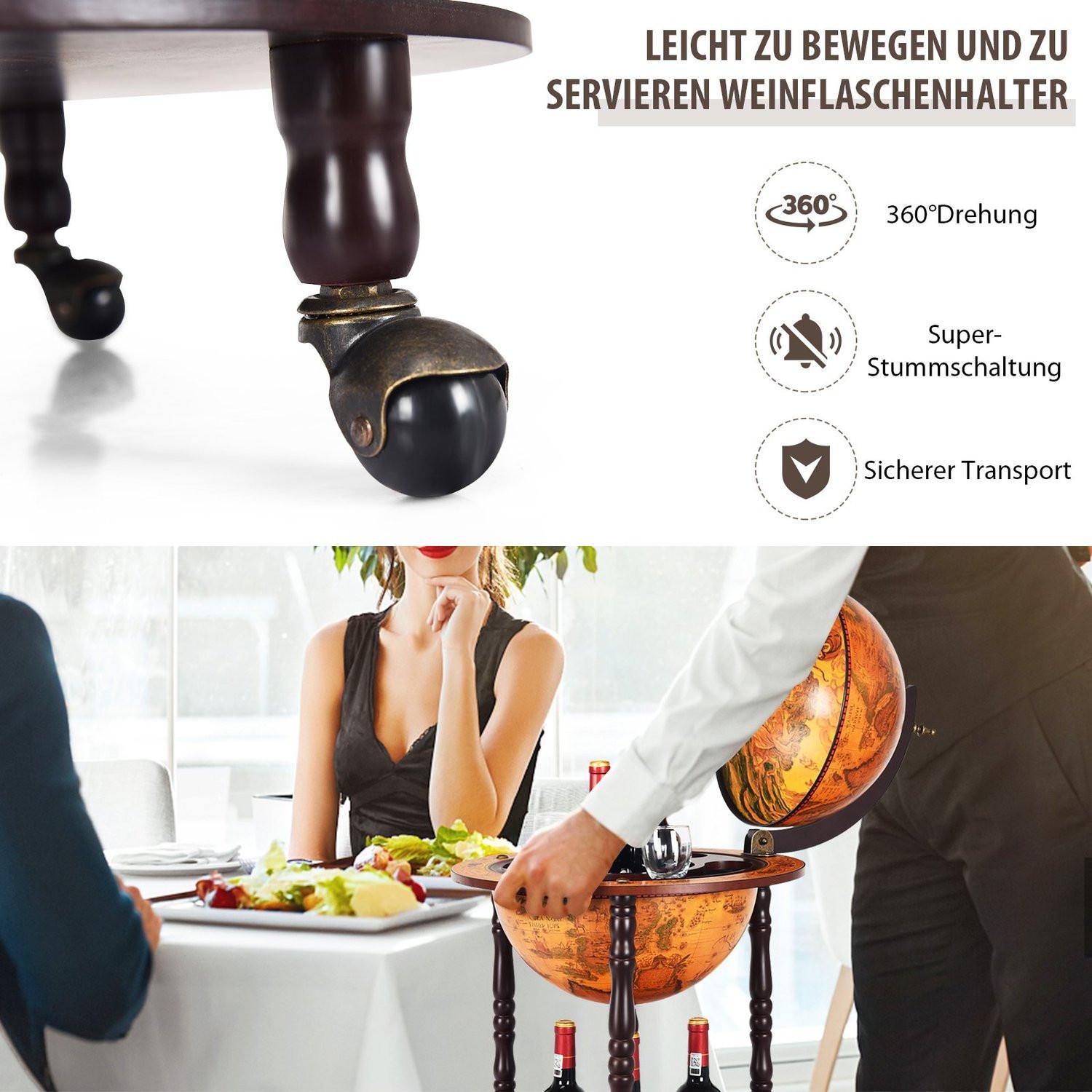 Northix Rollender Globus-Weinständer Globus Bar auf Rollen für Wein 47 x 47 x 90 cm Braun  