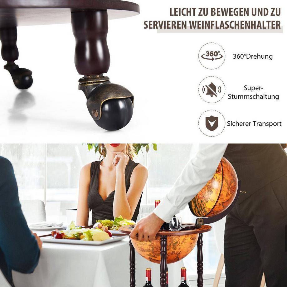 Northix Support à vin globe roulant Globe Bar sur roulettes pour vin 47 x 47 x 90 cm marron  