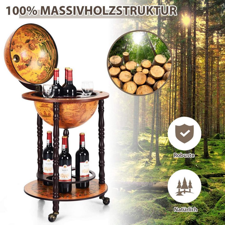Northix Support à vin globe roulant Globe Bar sur roulettes pour vin 47 x 47 x 90 cm marron  