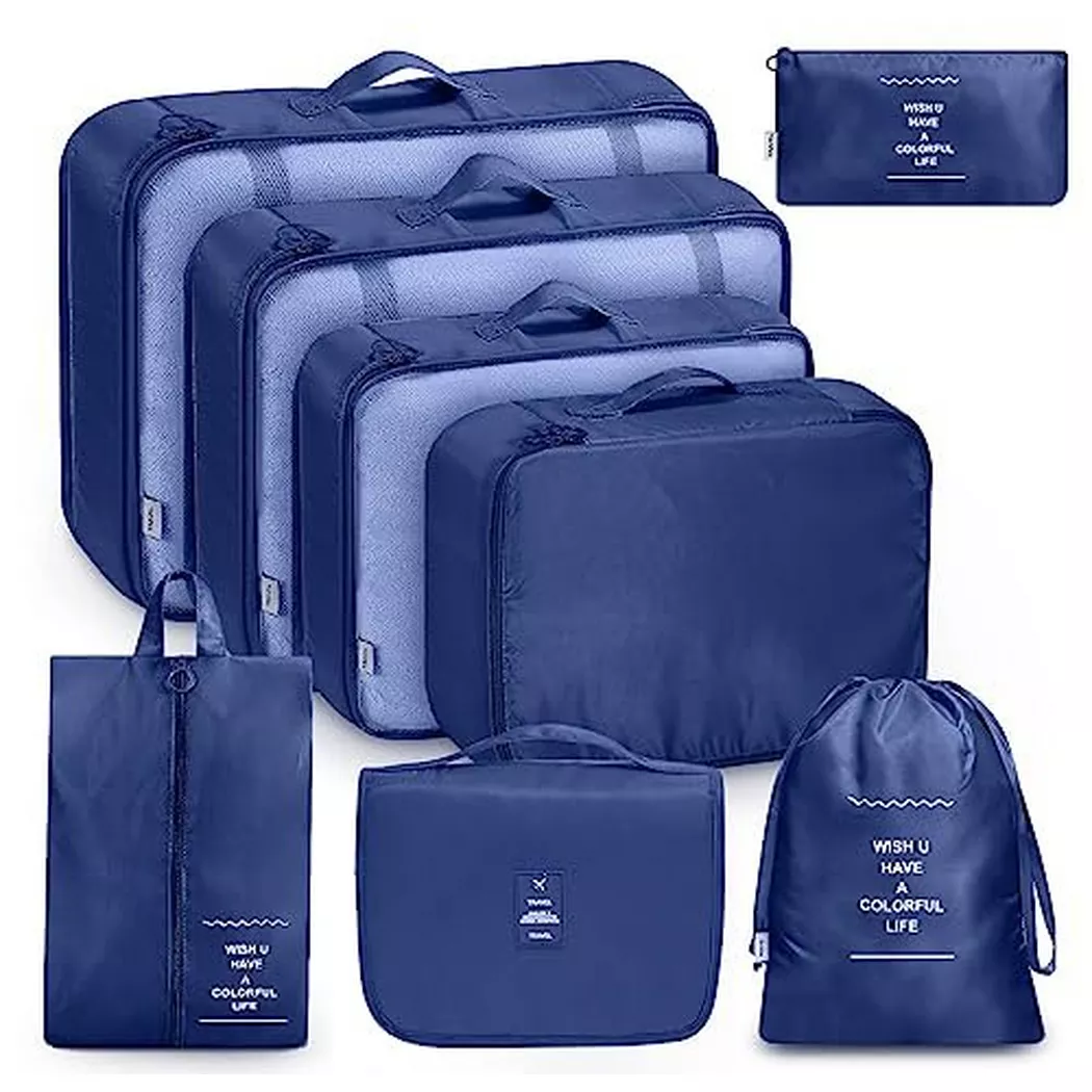 Only-bags.store - 8-teilige Packwürfel, Kleidersäcke, Kofferorganisation für Urlaub und Reisen, Packwürfel-Set, Reisewürfel, Organisationssystem für Koffer - Dunkelblau, One Size, Blu
