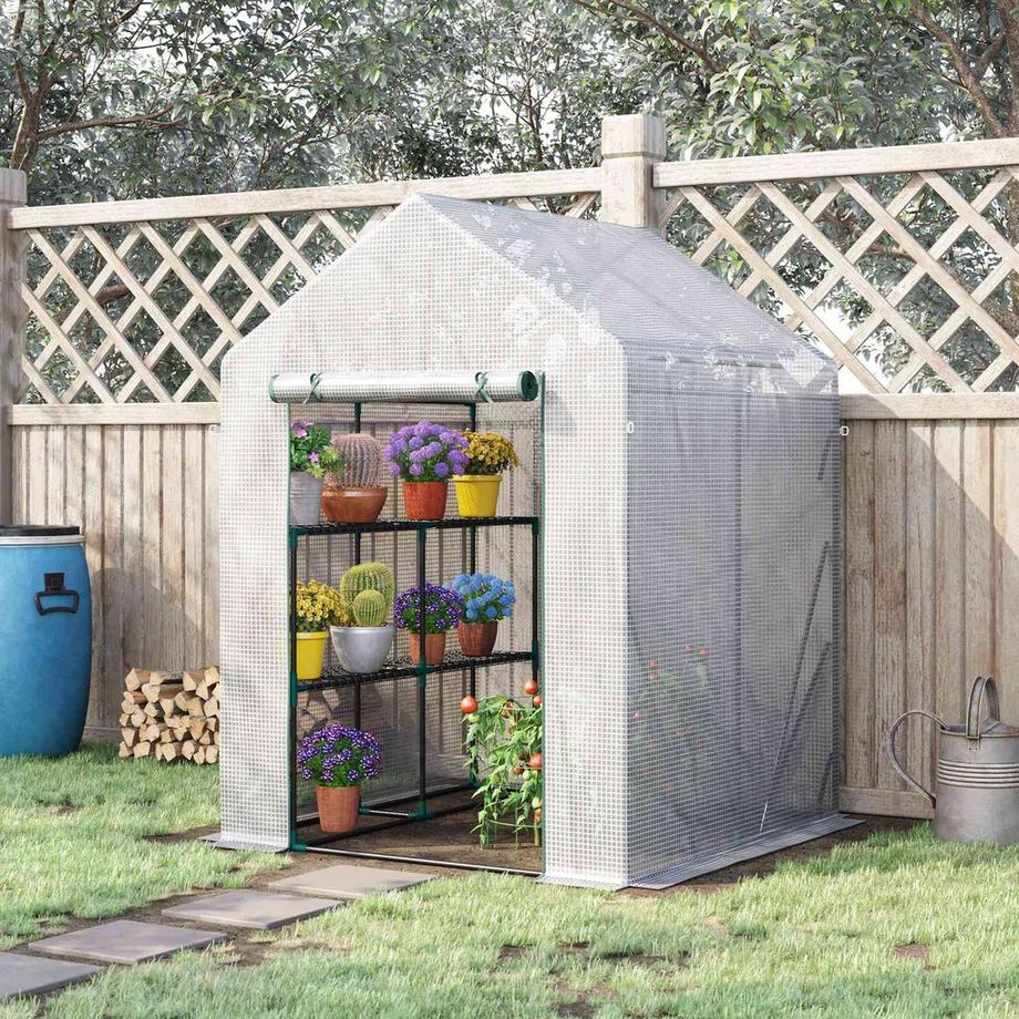 Northio Serre À Film Serre De Plain-Pied Avec 4 Niveaux D'Étagère Serre À Tomates Cadre Froid Acier Blanc Plastique Pe 143X143X195Cm  