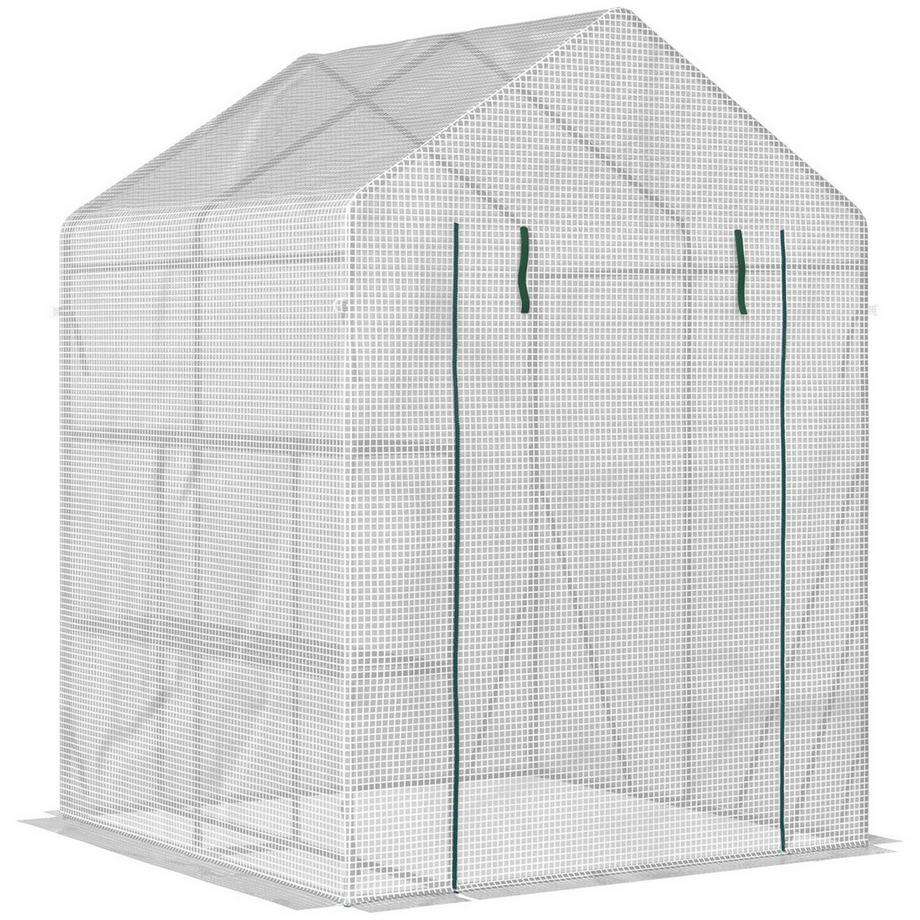Serre À Film Serre De Plain-Pied Avec 4 Niveaux D'Étagère Serre À Tomates Cadre Froid Acier Blanc Plastique Pe 143X143X195Cm