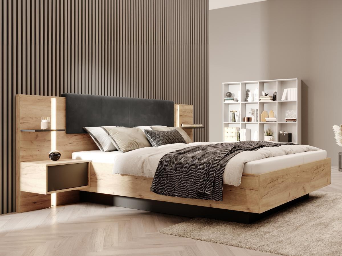 Vente-unique Letto con LED + Rete + Materasso + Comodini 160 x 200 cm Naturale e Antracite - ELYNIA  