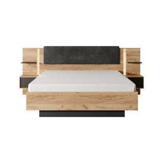 Vente-unique Bett mit Nachttischen + Lattenrost + Matratze - 160 x 200 cm - Mit LED-Beleuchtung - Holzfarben & Anthrazit - ELYNIA  