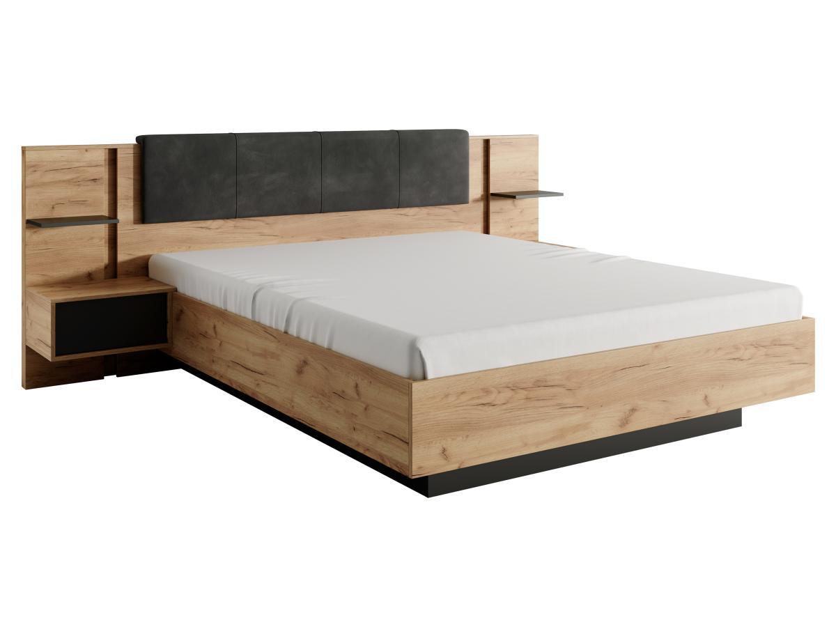 Vente-unique Letto con LED + Rete + Materasso + Comodini 160 x 200 cm Naturale e Antracite - ELYNIA  