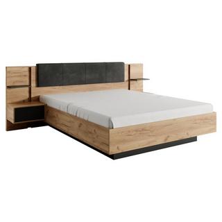 Vente-unique Bett mit Nachttischen + Lattenrost + Matratze - 160 x 200 cm - Mit LED-Beleuchtung - Holzfarben & Anthrazit - ELYNIA  