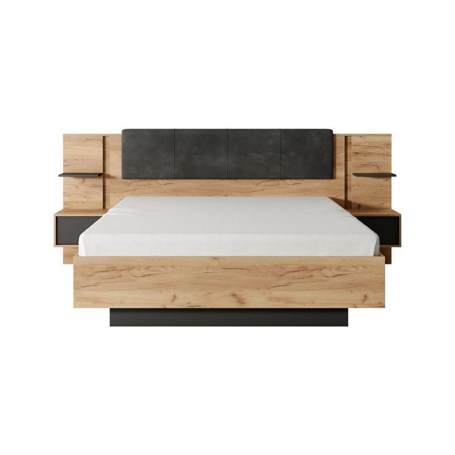 Vente-unique Lit avec chevets 160 x 200 cm - Avec LEDs - Coloris : Naturel et anthracite + Sommier + Matelas - ELYNIA  