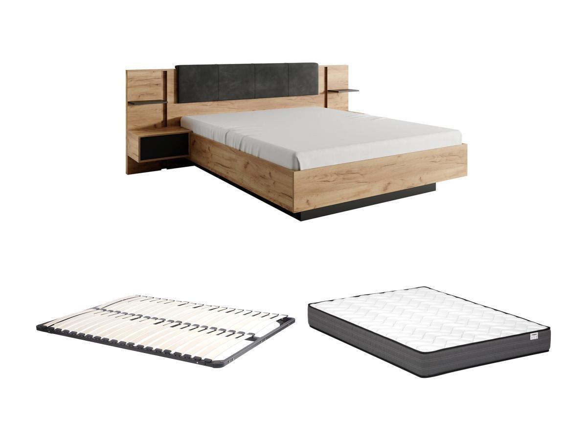 Vente-unique Letto con LED + Rete + Materasso + Comodini 160 x 200 cm Naturale e Antracite - ELYNIA  