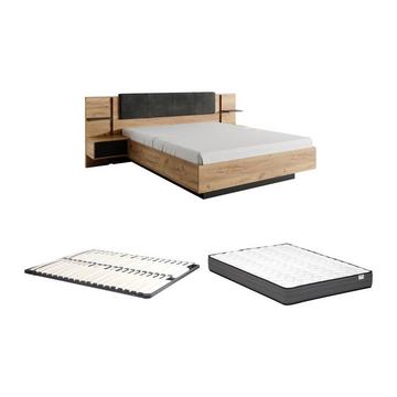 Letto con LED + Rete + Materasso + Comodini 160 x 200 cm Naturale e Antracite - ELYNIA