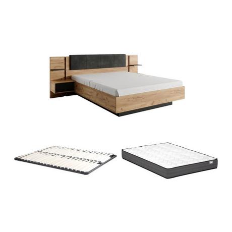 Vente-unique Bett mit Nachttischen + Lattenrost + Matratze - 160 x 200 cm - Mit LED-Beleuchtung - Holzfarben & Anthrazit - ELYNIA  